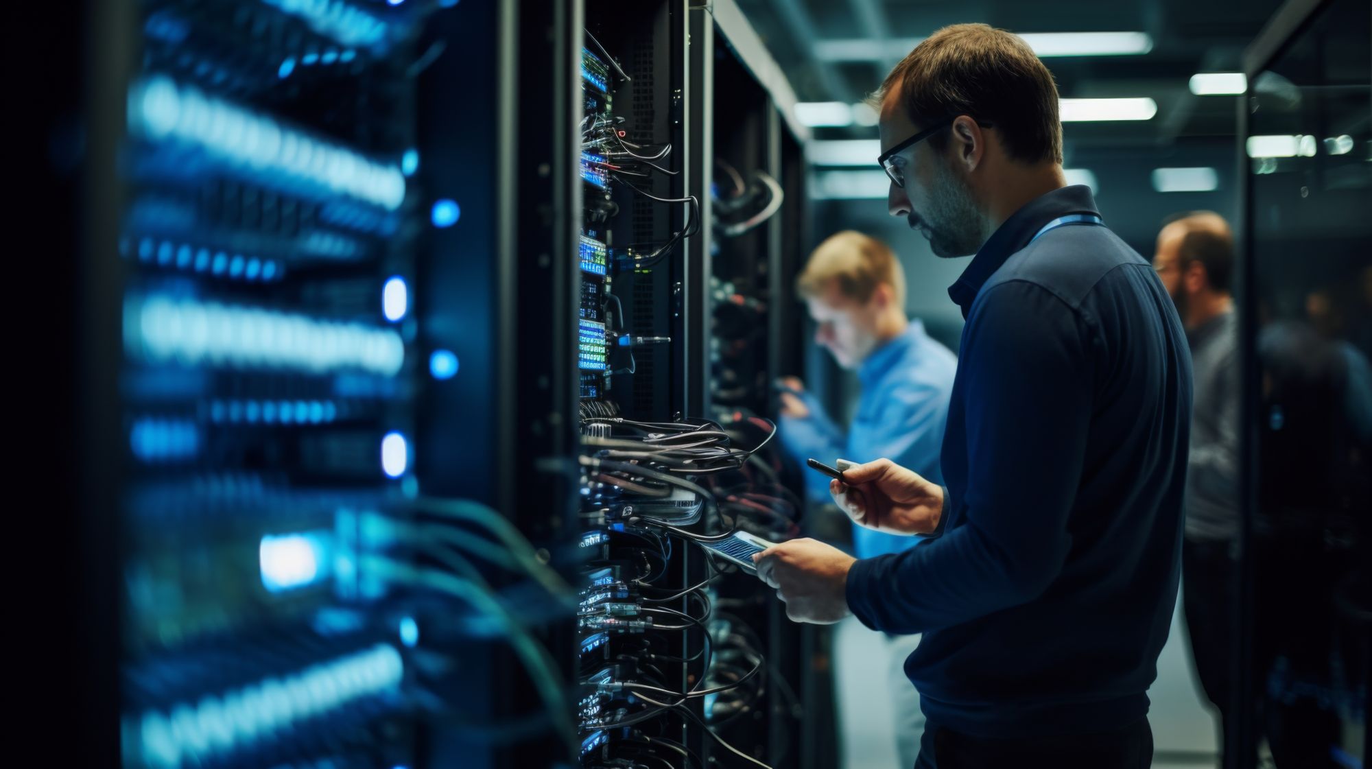 It professionals working in a server room, network engineers operating data centers